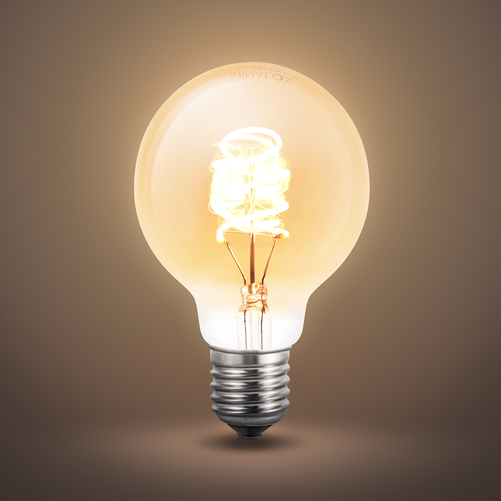 MINALOX_stmievatelna_LED_ziarovka_E27_G80_4W_360D_zlata_DC24V_smarthome_rozsvietena