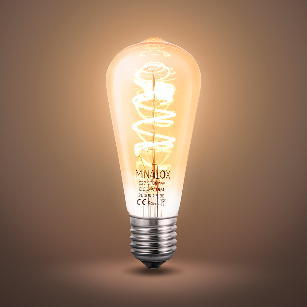 MINALOX_stmievatelna_LED_ziarovka_E27_ST58_4W_360D_zlata_DC24V_smarthome_rozsvietena