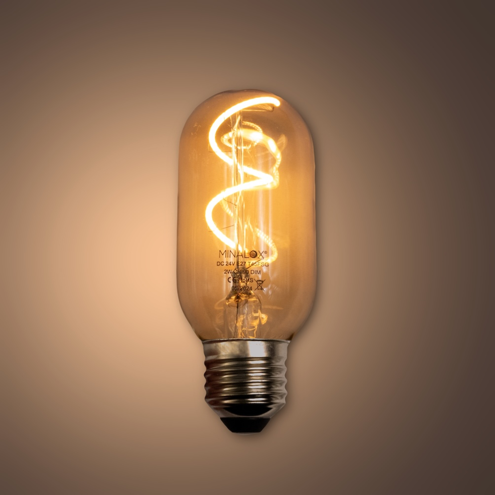 MINALOX_stmievatelna_LED_ziarovka_E27_T45_2W_360D_zlata_DC24V_smarthome_rozsvietena