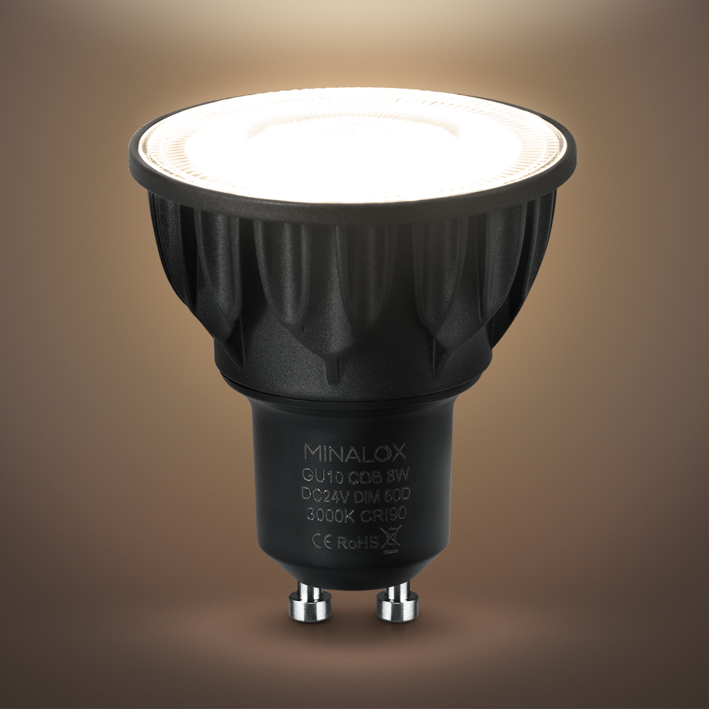 MINALOX_stmievatelna_LED_ziarovka_GU10_5W_3000K_60D_cierna_DC24V_smarthome_rozsvietena