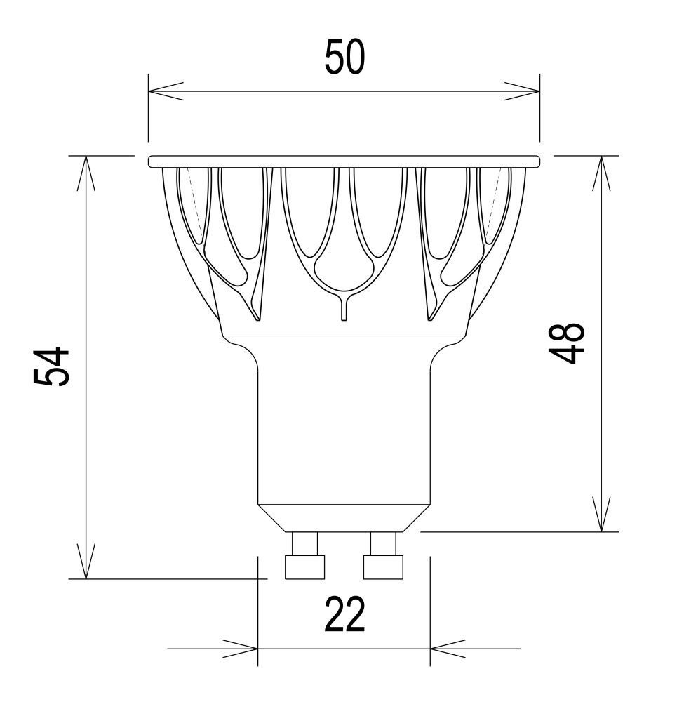 MINALOX_stmievatelna_LED_ziarovka_GU10_5W_4500K_60D_cierna_DC24V_smarthome_rozmery