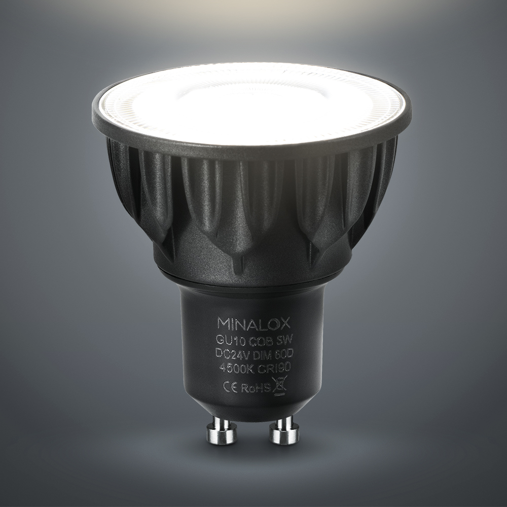 MINALOX_stmievatelna_LED_ziarovka_GU10_5W_4500K_60D_cierna_DC24V_smarthome_rozsvietena