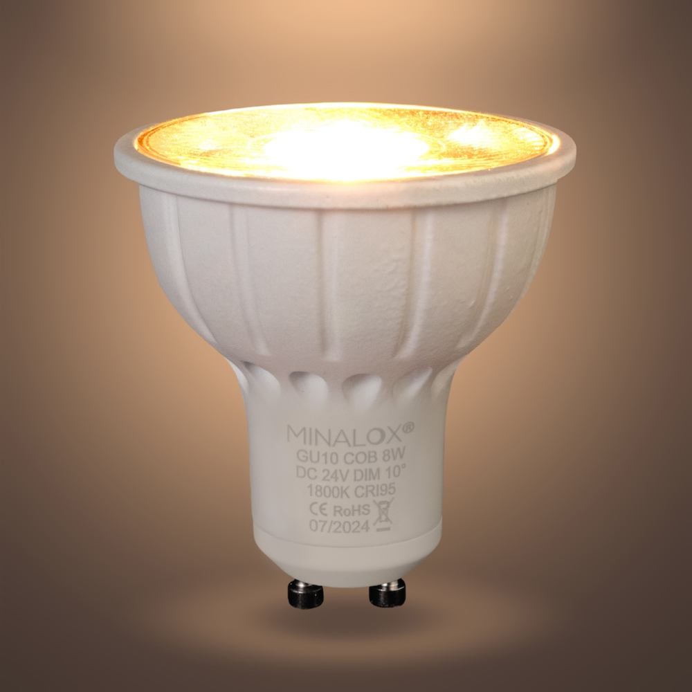 MINALOX_stmievatelna_LED_ziarovka_GU10_8W_1800K_10D_biela_DC24V_smarthome_rozsvietena