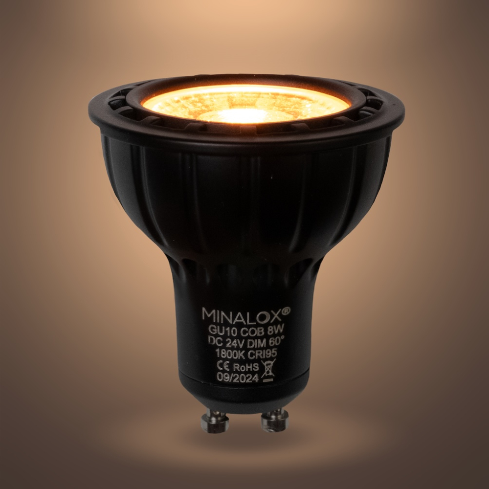 MINALOX_stmievatelna_LED_ziarovka_GU10_8W_1800K_60D_cierna_DC24V_smarthome_rozsvietena