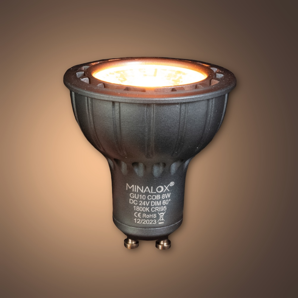 MINALOX_stmievatelna_LED_ziarovka_GU10_8W_1800K_60D_siva_DC24V_smarthome_rozsvietena