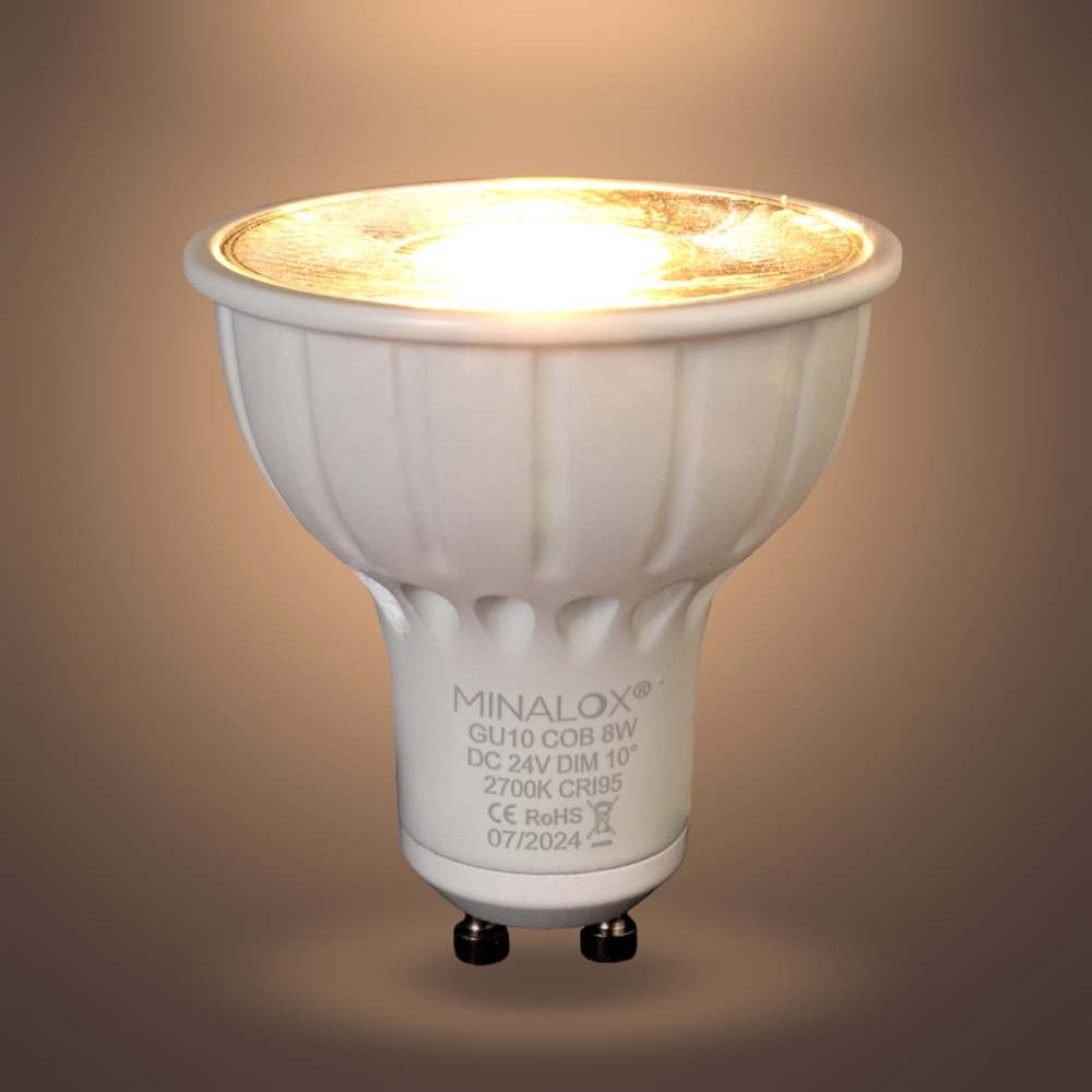 MINALOX_stmievatelna_LED_ziarovka_GU10_8W_2700K_10D_biela_DC24V_smarthome_rozsvietena