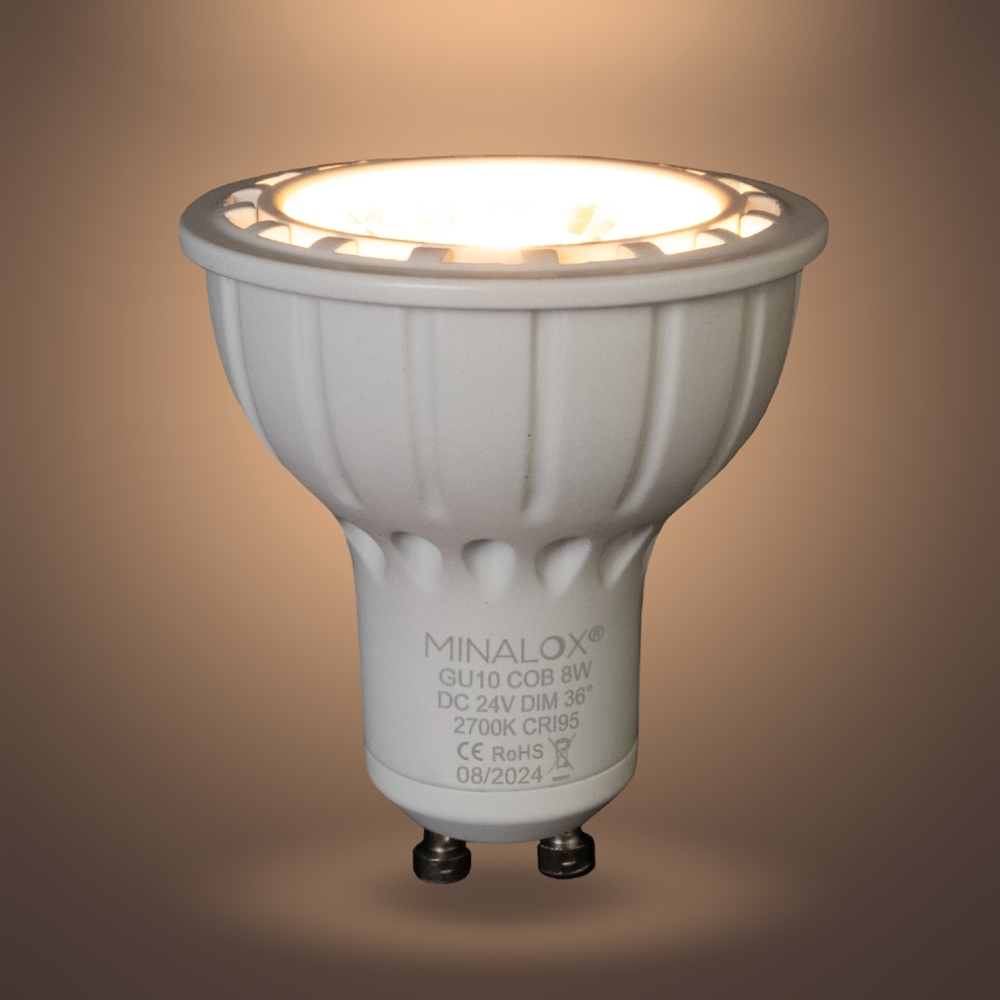 MINALOX_stmievatelna_LED_ziarovka_GU10_8W_2700K_36D_biela_DC24V_smarthome_rozsvietena