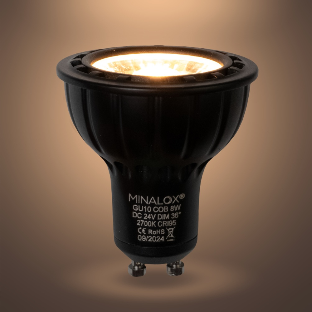 MINALOX_stmievatelna_LED_ziarovka_GU10_8W_2700K_36D_cierna_DC24V_smarthome_rozsvietena