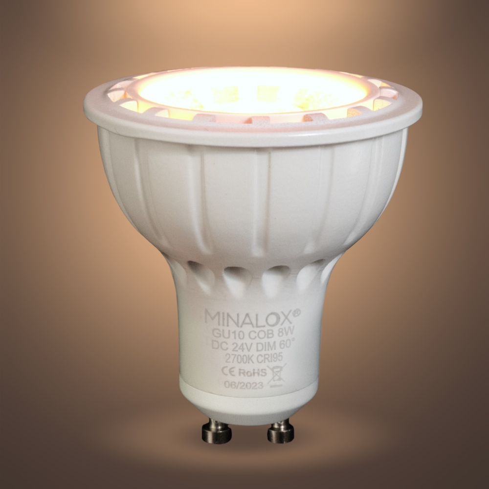 MINALOX_stmievatelna_LED_ziarovka_GU10_8W_2700K_60D_biela_DC24V_smarthome_rozsvietena