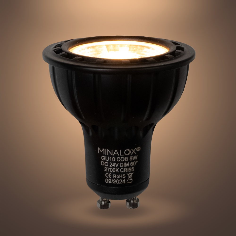 MINALOX_stmievatelna_LED_ziarovka_GU10_8W_2700K_60D_cierna_DC24V_smarthome_rozsvietena
