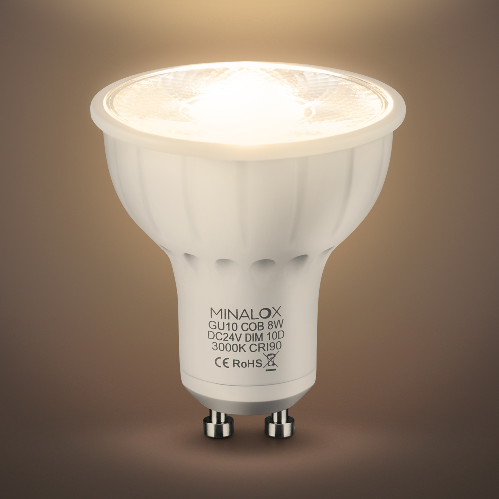 MINALOX_stmievatelna_LED_ziarovka_GU10_8W_3000K_10D_biela_DC24V_smarthome_rozsvietena