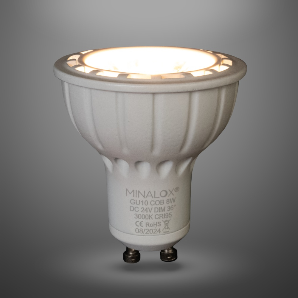 MINALOX_stmievatelna_LED_ziarovka_GU10_8W_3000K_36D_biela_DC24V_smarthome_rozsvietena