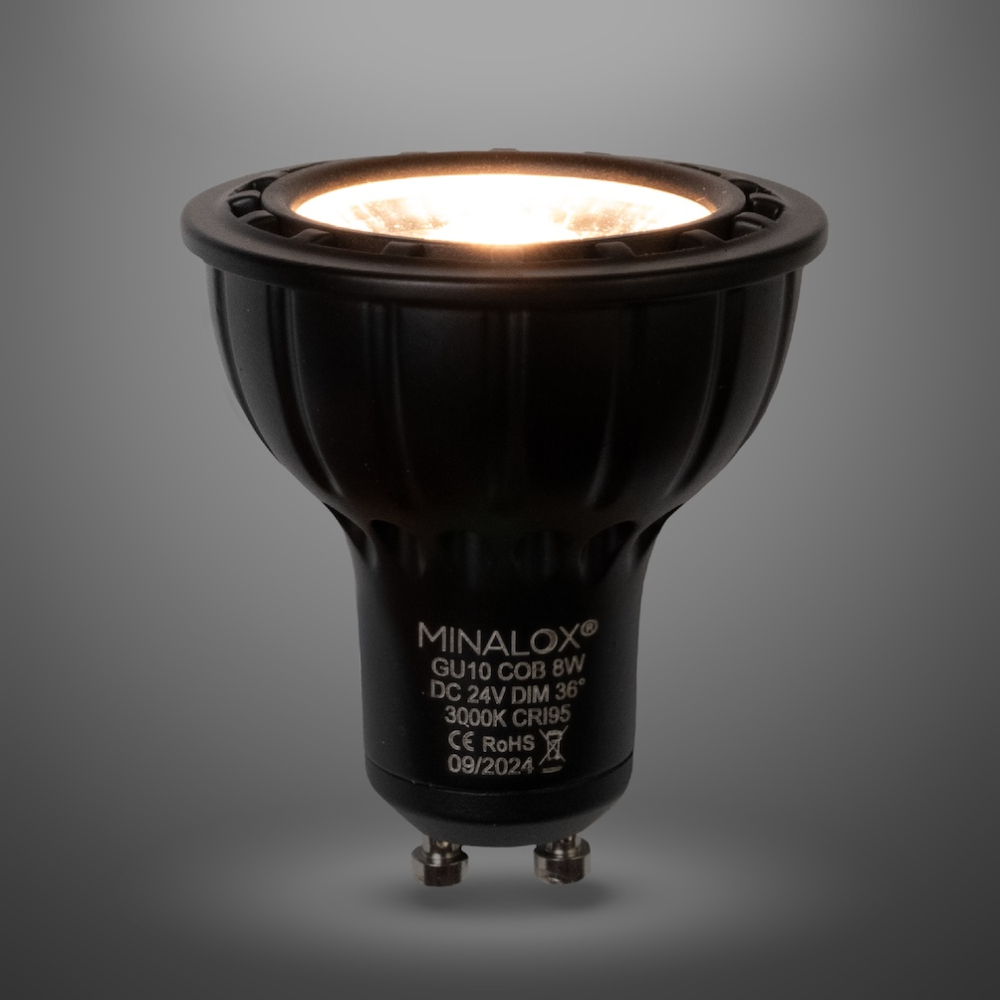 MINALOX_stmievatelna_LED_ziarovka_GU10_8W_3000K_36D_cierna_DC24V_smarthome_rozsvietena
