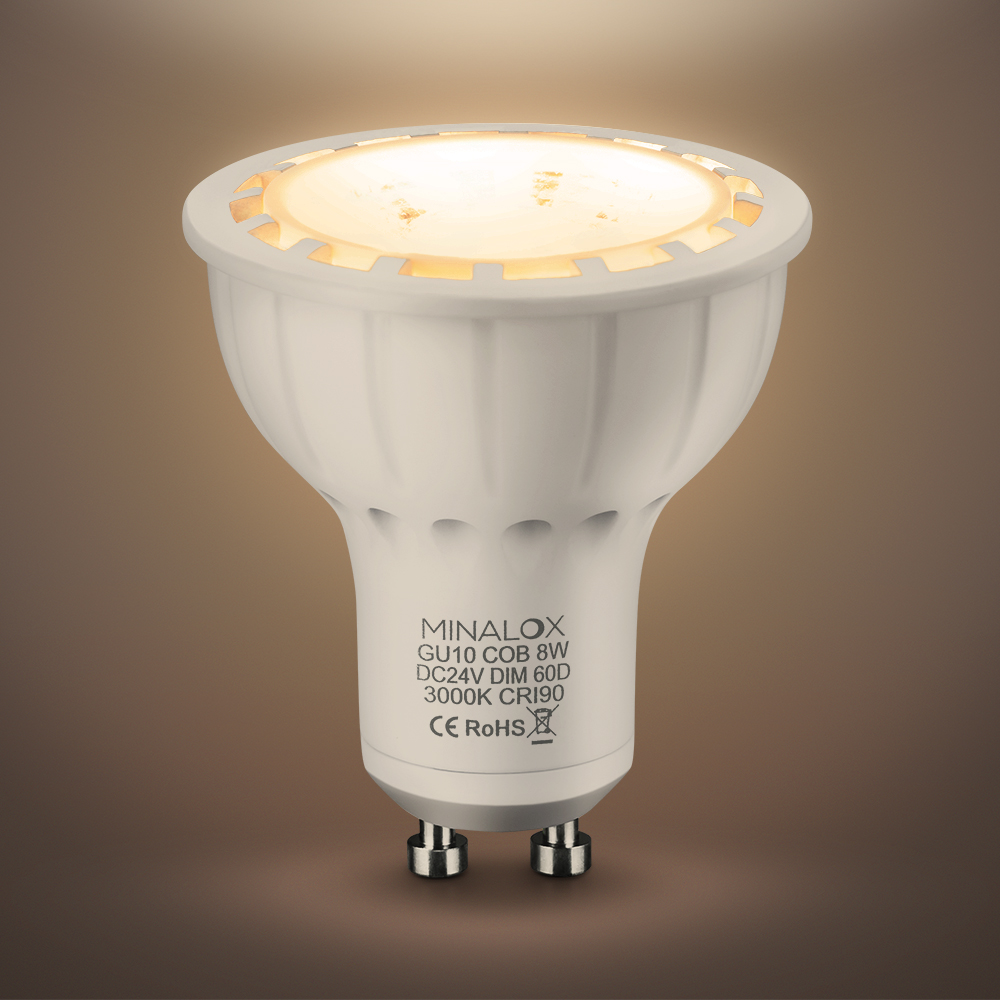 MINALOX_stmievatelna_LED_ziarovka_GU10_8W_3000K_60D_biela_DC24V_smarthome_rozsvietena