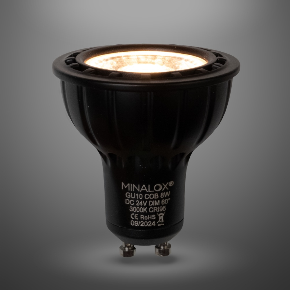 MINALOX_stmievatelna_LED_ziarovka_GU10_8W_3000K_60D_cierna_DC24V_smarthome_rozsvietena