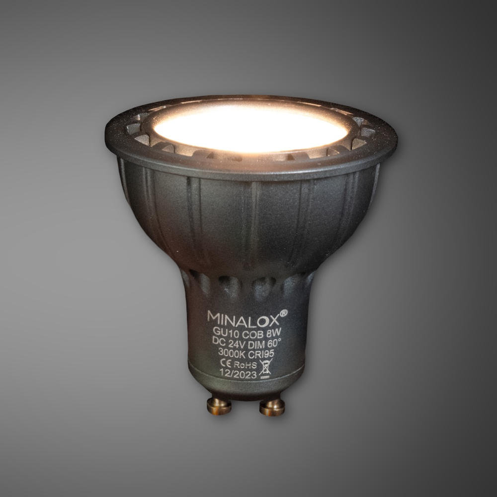 MINALOX_stmievatelna_LED_ziarovka_GU10_8W_3000K_60D_siva_DC24V_smarthome_rozsvietena