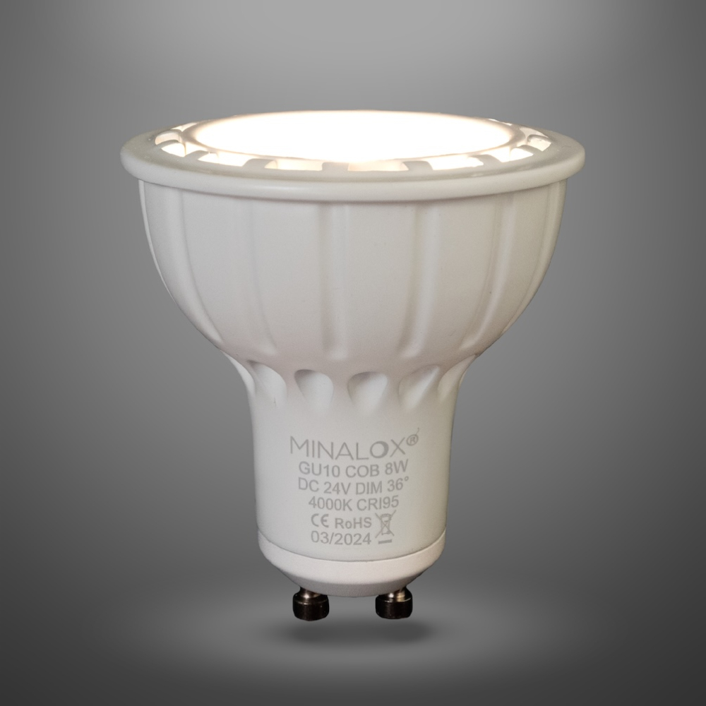 MINALOX_stmievatelna_LED_ziarovka_GU10_8W_4000K_36D_biela_DC24V_smarthome_rozsvietena