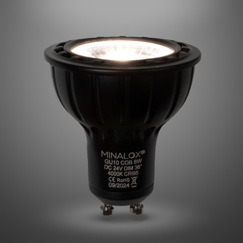 MINALOX_stmievatelna_LED_ziarovka_GU10_8W_4000K_36D_cierna_DC24V_smarthome_rozsvietena
