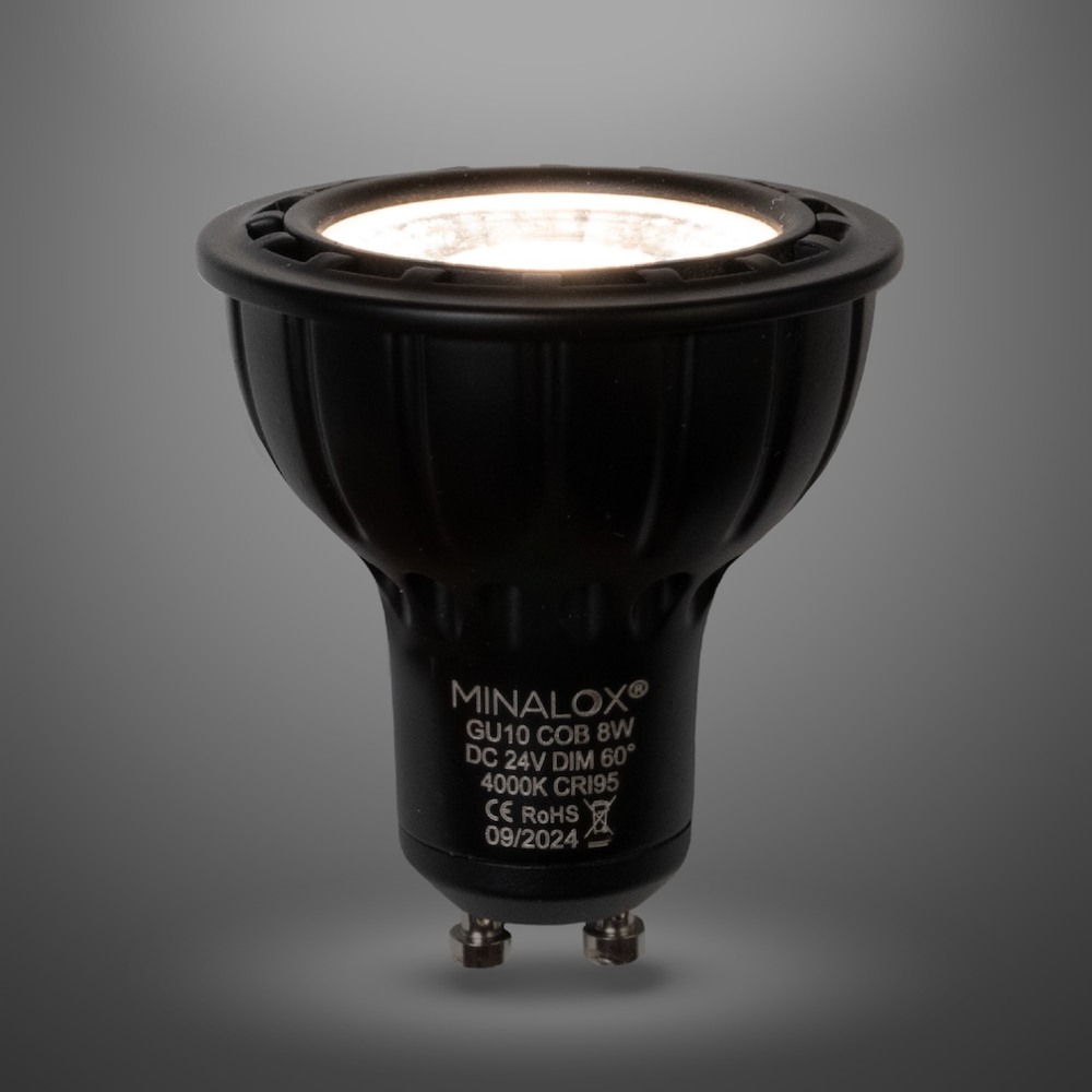 MINALOX_stmievatelna_LED_ziarovka_GU10_8W_4000K_60D_cierna_DC24V_smarthome_rozsvietena