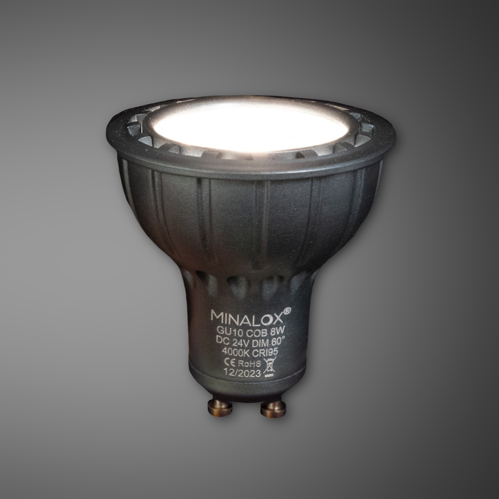 MINALOX_stmievatelna_LED_ziarovka_GU10_8W_4000K_60D_siva_DC24V_smarthome_rozsvietena