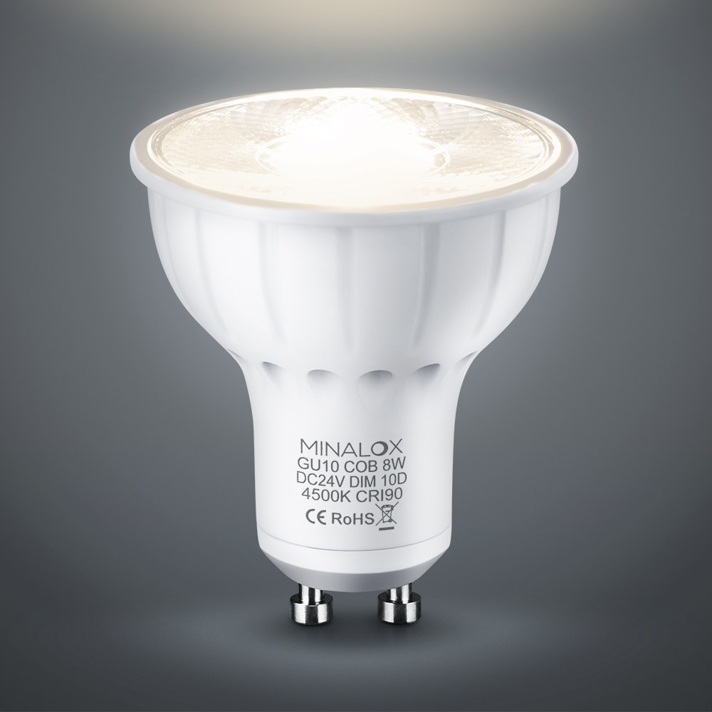 MINALOX_stmievatelna_LED_ziarovka_GU10_8W_4500K_10D_biela_DC24V_smarthome_rozsvietena