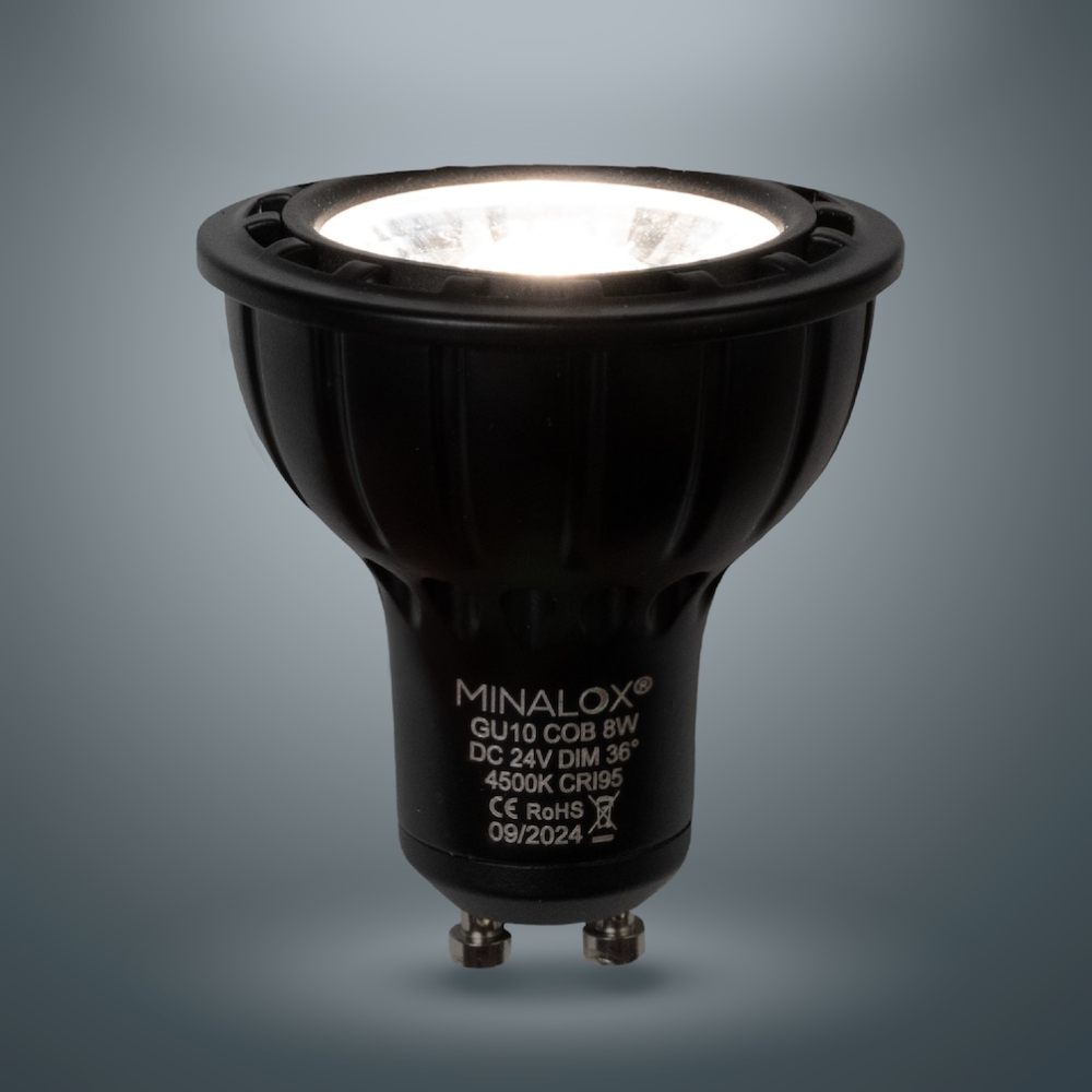 MINALOX_stmievatelna_LED_ziarovka_GU10_8W_4500K_36D_cierna_DC24V_smarthome_rozsvietena