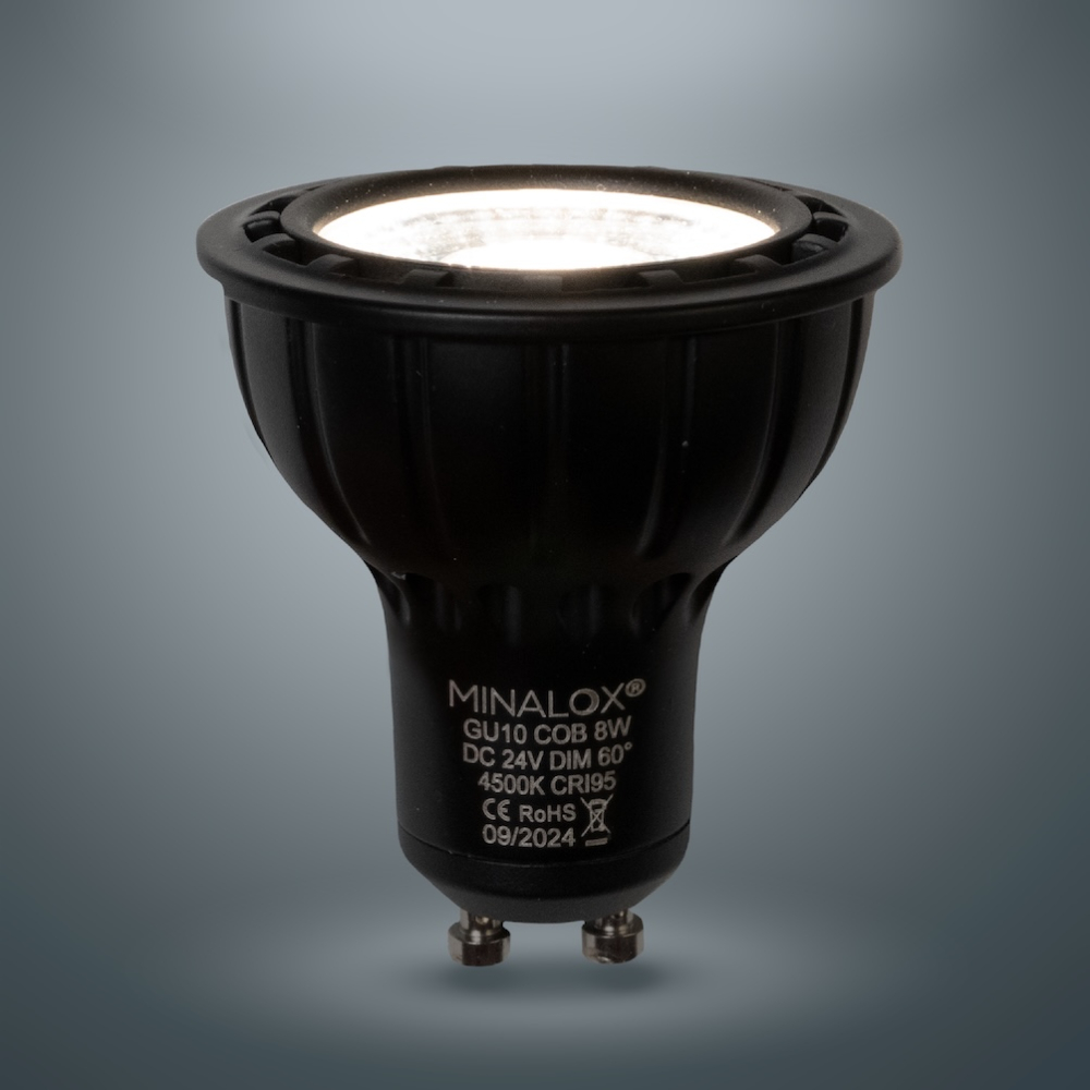 MINALOX_stmievatelna_LED_ziarovka_GU10_8W_4500K_60D_cierna_DC24V_smarthome_rozsvietena