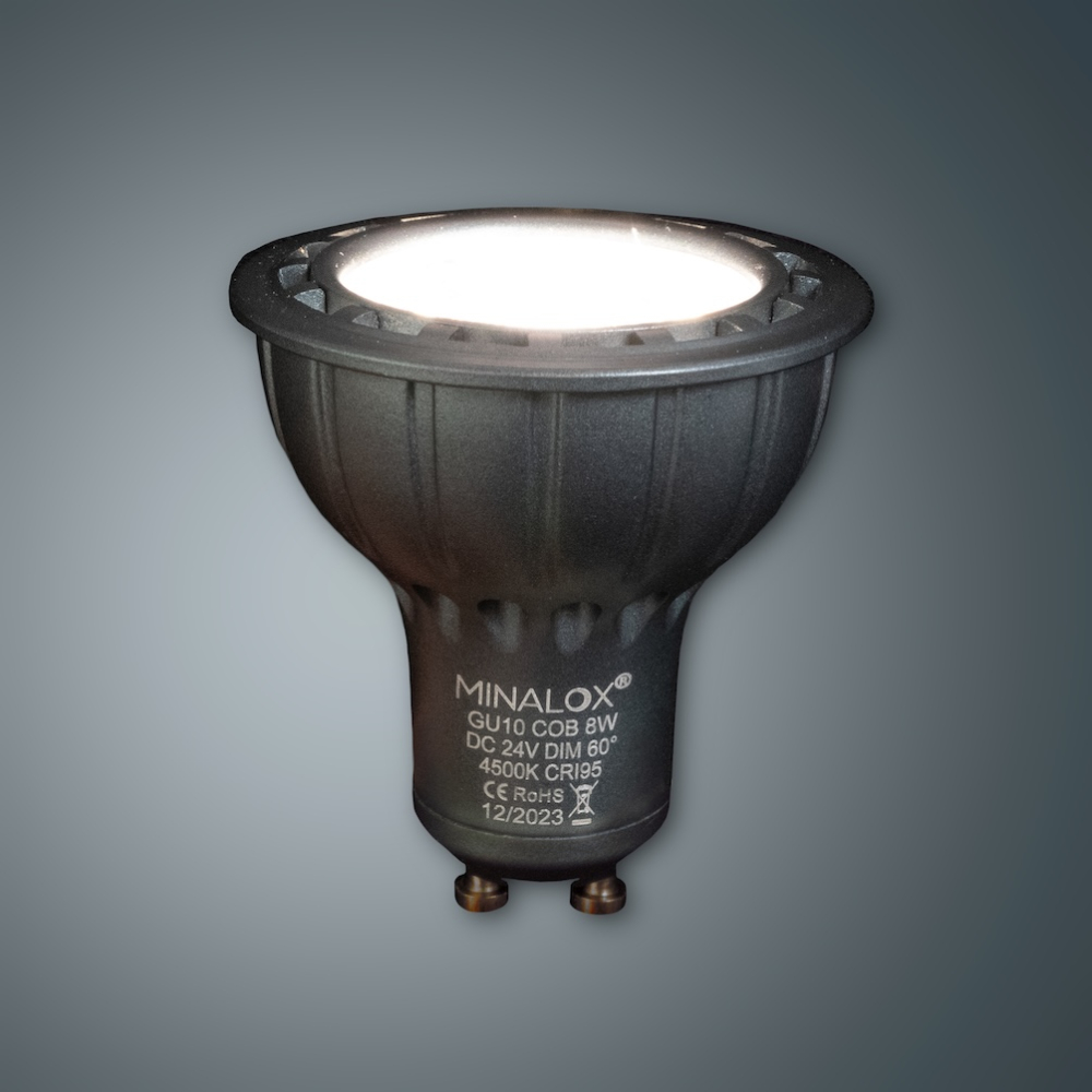MINALOX_stmievatelna_LED_ziarovka_GU10_8W_4500K_60D_siva_DC24V_smarthome_rozsvietena